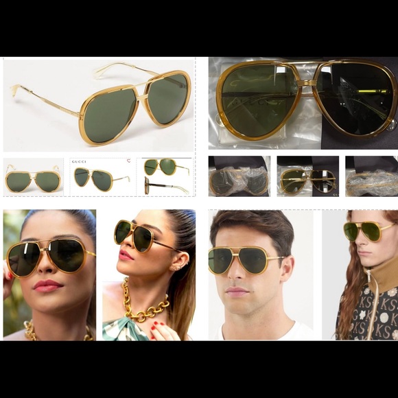 GUCCI UNISEX AVIATOR PILOT SHAPED SUNGLASSES WITH GREEN LENSES 2023 TOP COLOR - Picture 3 of 16